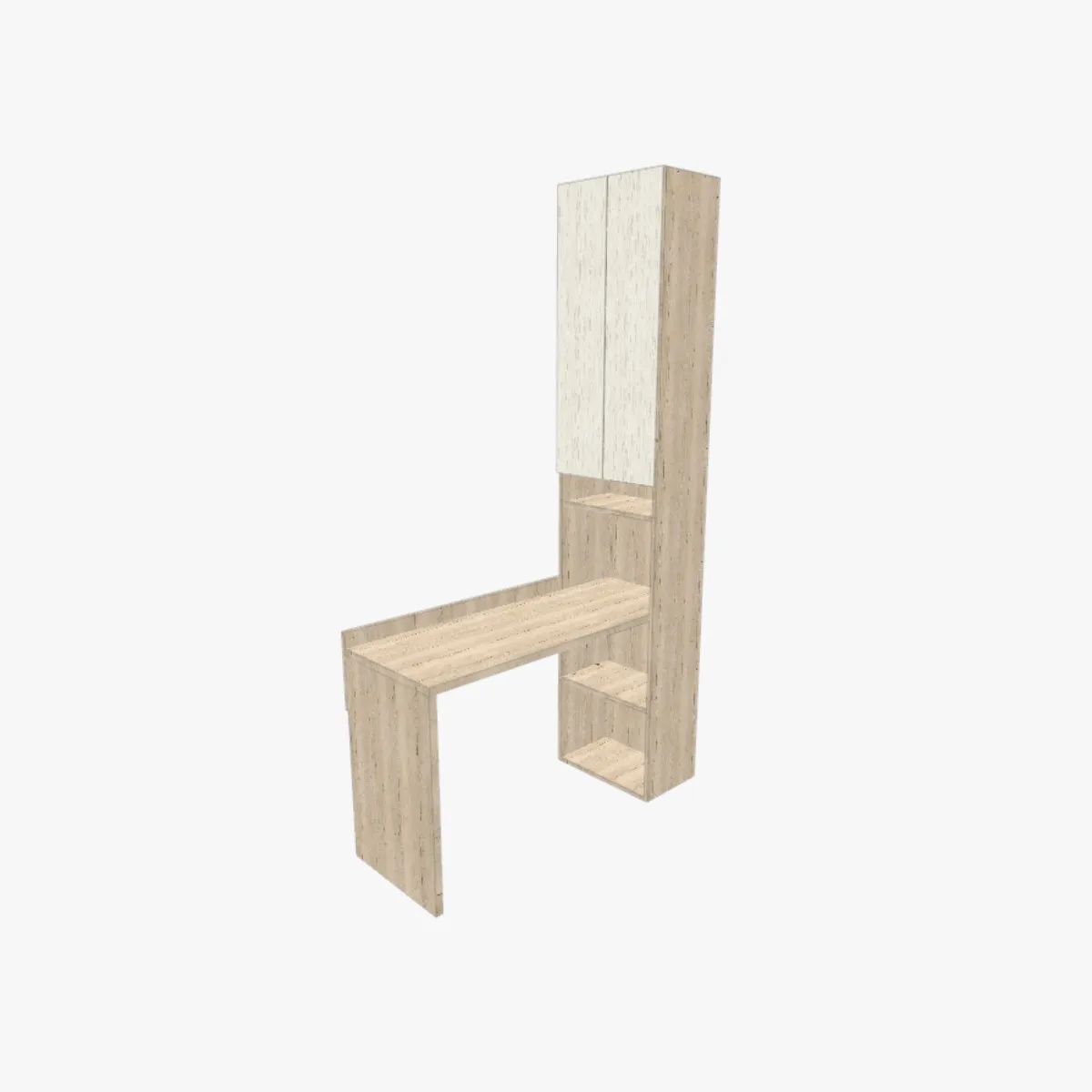 Mesa de estudo com prateleiras e torre lateral, tampo 60 cm, projeto de marcenaria planejada