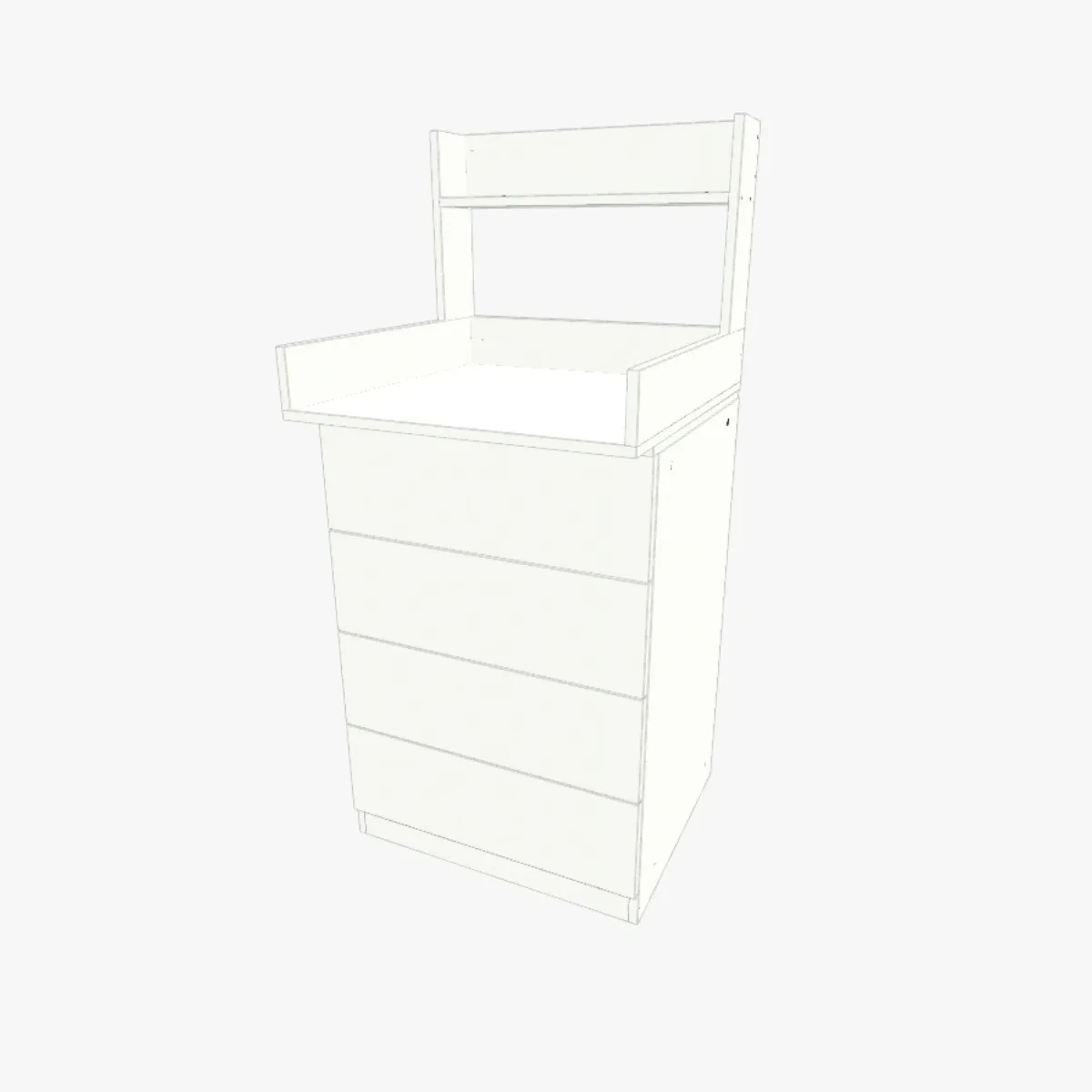 Minimalist changing table dresser plans with drawers and open shelf in a light finish, schematic view for nursery furniture woodworking blueprints