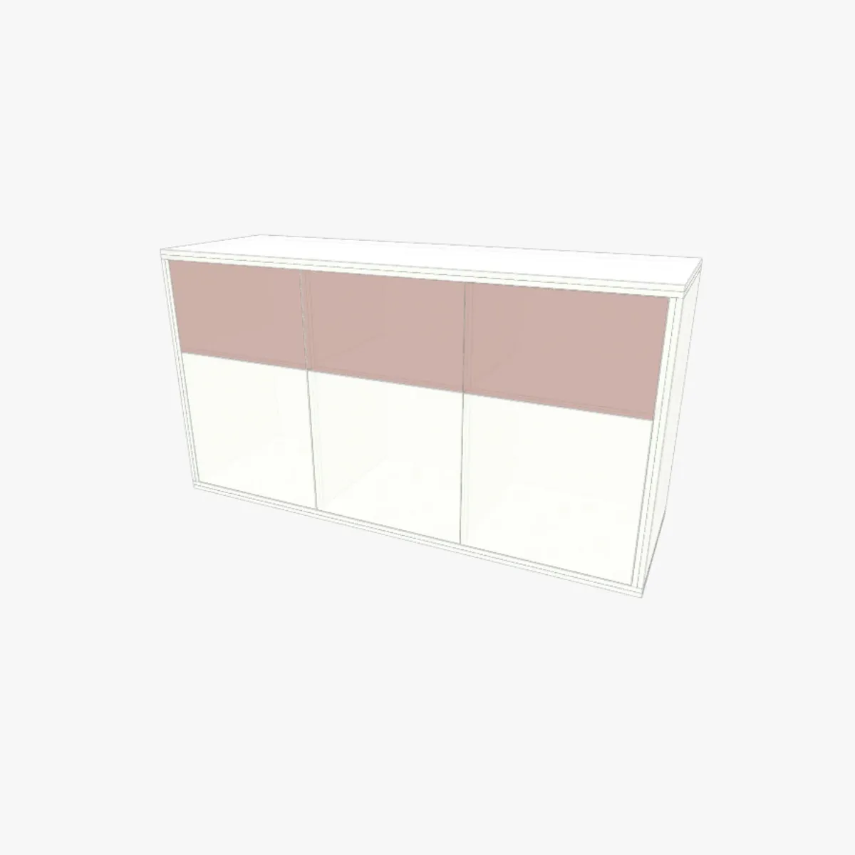 Cômoda/estante infantil baixa em MDF branco e rosa com três portas, projeto para marcenaria