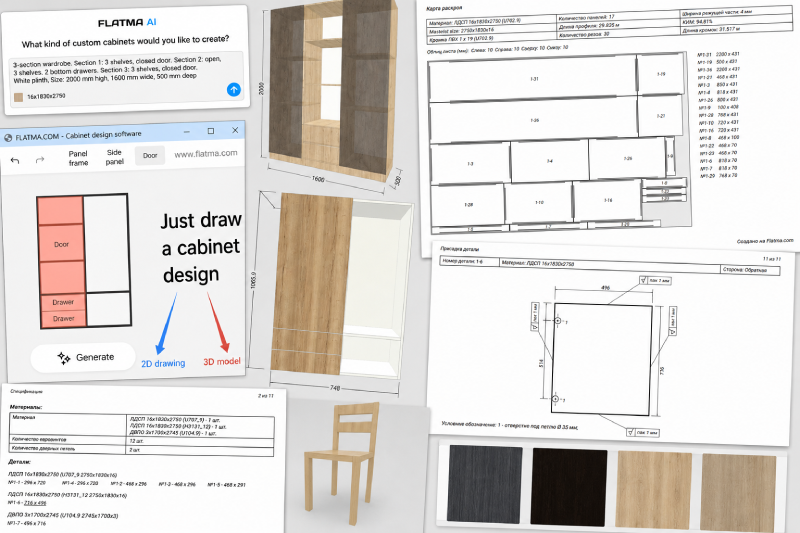 Kitchen production documents, cut lists and technical drawings
