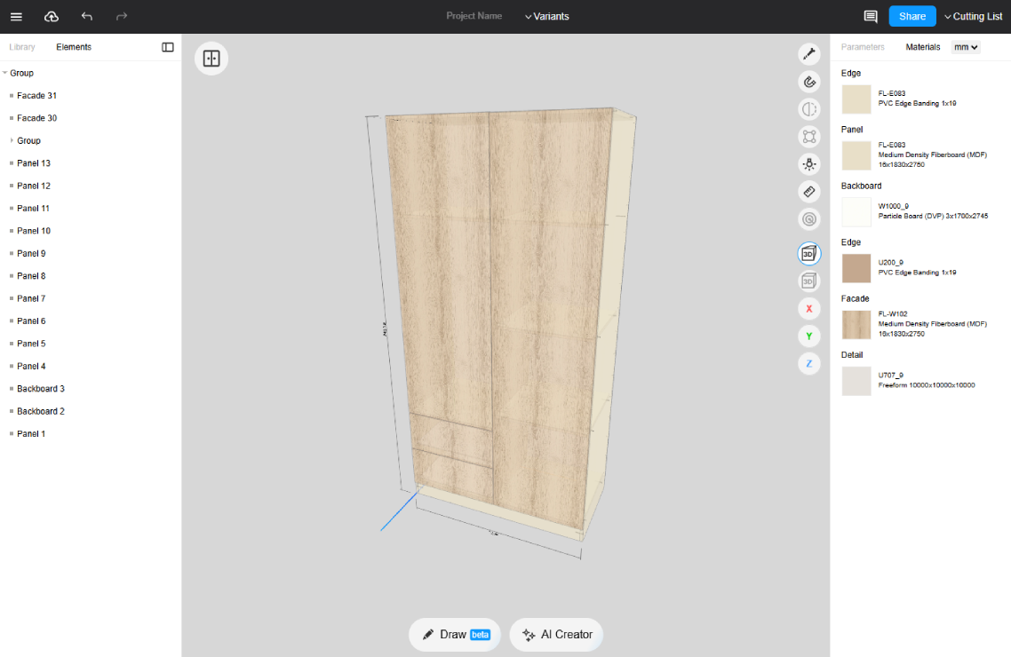 Cabinet design software for creating custom cabinets in 3D