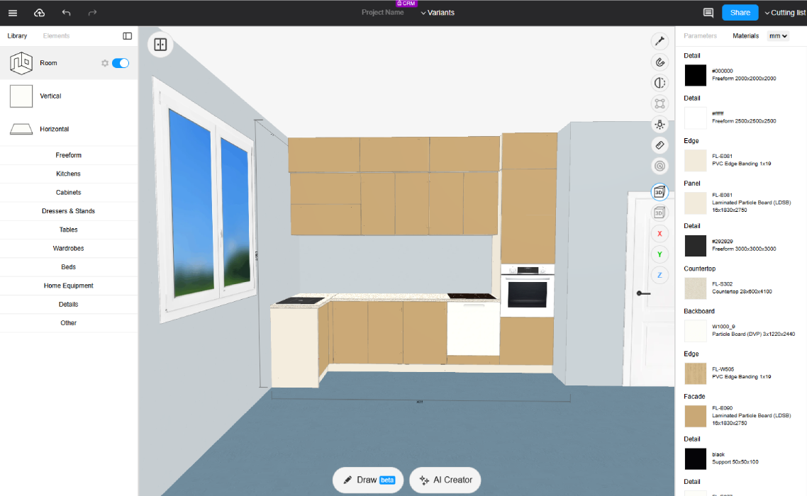 3D kitchen planner with cabinets, appliances and kitchen layout design
